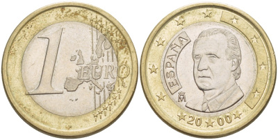 ИСПАНИЯ 1 ЕВРО 2000 ХУАН КАРЛОС I KM 1046 биметалл 4543-253