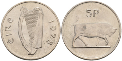 Ирландия 5 пенсов 1978 бык KM 22 медно-никель 4561-1155