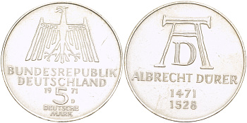ФРГ 5 МАРОК 1971 D, 500 ЛЕТ СО ДНЯ РОЖДЕНИЯ АЛЬБРЕХТА ДЮРЕРА KM 129, J. 410 серебро 413-1342