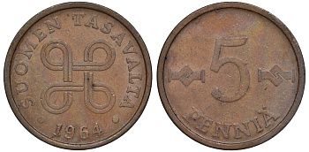ФИНЛЯНДИЯ 5 ПЕННИ 1964 KM 45 медь 3334-1046