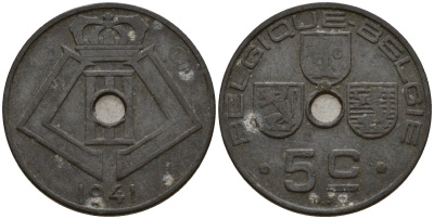 Бельгия 5 сантимов 1941 Belgique - Belgie KM 123 цинк 4189-754