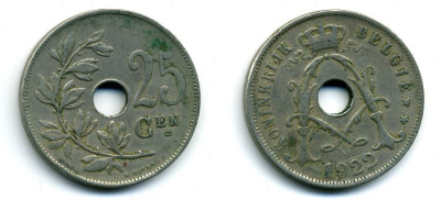 БЕЛЬГИЯ 25 САНТИМОВ 1922 BELGIE KM 69 медно-никель 41-844