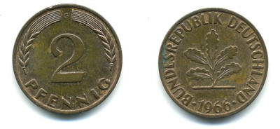 ФРГ 2 пфеннига 1966 G KM106, J.381 бронза 3999-1122