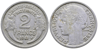 ФРАНЦИЯ 2 ФРАНКА 1941 KM 886а.1 алюминий 80-1245