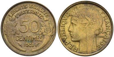 Франция 50 сантимов 1931 KM 894.1, Le Franc 192.15 алюминиевая бронза 4596-733