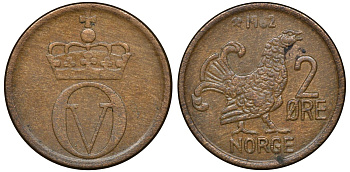 НОРВЕГИЯ 2 ЭРЕ 1962 КУРИЦА, УЛАФ V (1957-1991) KM 410 бронза 72-1333