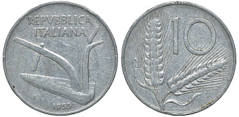 ИТАЛИЯ 10 ЛИР 1955 R, КОЛОСЬЯ, ПЛУГ KM 93 алюминий 72-947