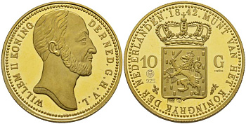 Нидерланды медаль ND 10 гульденов 1842, Виллем II король Нидерландов, официальная реплика, диаметр 26 мм., вес 9,97 гр., позолота  серебро  PROOF  11-117-43