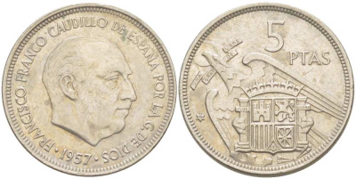 ИСПАНИЯ 5 ПЕСЕТ 1957 (70) ФРАНСИСКО ФРАНКО ДИКТАТОР ИСПАНИИ (1939-1975) KM 786 медно-никель 210-1121