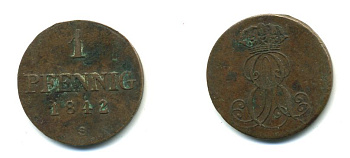 Ганновер 1 пфенниг 1842 S, Эрнст Август (1837-1851) KM 173.3, AKS 128, J. 54 медь 35-125