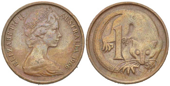 АВСТРАЛИЯ 1 ЦЕНТ 1966 ЕЛИЗАВЕТА II (1952-) МОЛОДОЙ ПОРТРЕТ, ОПОССУМ KM 62 бронза 3309-1267