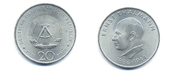 ГДР 20 марок 1971 A, 85 лет со дня рождения Эрнста Тельмана KM 34, J. 1535 медно-никель 3333-535