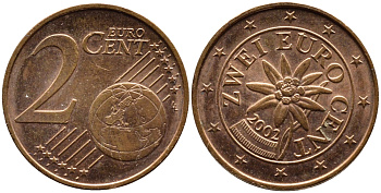 АВСТРИЯ 2 ЕВРОЦЕНТА 2002 KM 3083 сталь плакированная медью 3334-1149