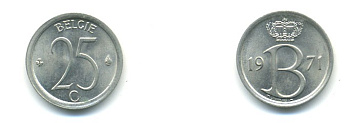 Бельгия 25 сантимов 1971 Belgie, Бодуэн I (1951-1993 KM 154.1 медно-никель UNC 80-928