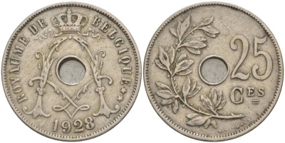 БЕЛЬГИЯ 25 САНТИМОВ 1928 BELGIQUE KM 68.1 медно-никель 4546-153