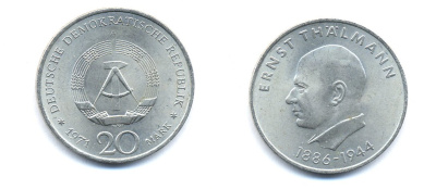 ГДР 20 марок 1971 A, 85 лет со дня рождения Эрнста Тельмана KM 34, J. 1535 медно-никель 3333-535
