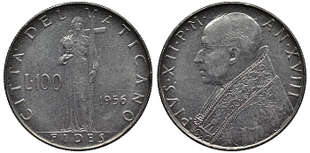 ВАТИКАН 100 ЛИР 1956 XVII ГОД ПРАВЛЕНИЯ ПАПЫ ПИЯ XII (1939-1958) KM 55 нержавеющая сталь 4545-1213