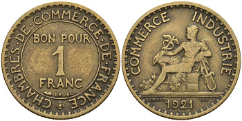 Франция 1 франк 1921 KM 876, Le Franc 218.5 алюминиевая бронза 4142-556