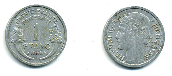 ФРАНЦИЯ 1 ФРАНК 1959 ТИП MORLON, LEGERE KM 885a.1, LE FRANC 221.23 алюминий 84-523