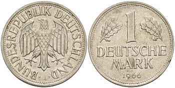 ФРГ 1 МАРКА 1966 J KM 110, J. 385 медно-никель 4551-1251