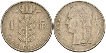 Бельгия 1 франк 1956 BELGIQUE KM 142.1 медно-никель 4592-532