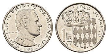 Монако 1 франк 1986 Ренье III (1949-2005) KM 140 никель UNC 53-734