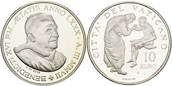 Ватикан 10 евро 2007 Бенедикт XVI, Всемирный день миссионера, в оригинальной коробке, с сертификатом KM 401 серебро PROOF 7-1-42
