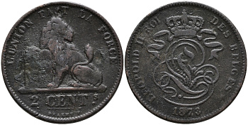 Бельгия 2 сантима 1873 Des Belges, Леопольд II (1865-1909) KM 35.1 медь 95-713