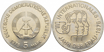 ГДР 5 МАРОК 1975 А, МЕЖДУНАРОДНЫЙ ГОД ЖЕНЩИН KM 55 медно-никель UNC 272-1044