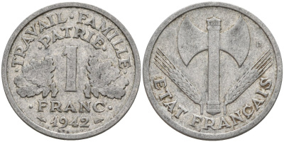 Франция 1 франк 1942 LB, тип Lourde, правительство Виши KM 902.1, Le Franc 222.2 алюминий 4142-916