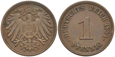 ГЕРМАНИЯ 1 ПФЕННИГ 1894 E KM 10, J. 10, Weege 2 медь 211-163