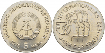 ГДР 5 МАРОК 1975 А, МЕЖДУНАРОДНЫЙ ГОД ЖЕНЩИН KM 55 медно-никель UNC 272-1044