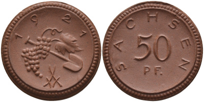 Саксония 50 пфеннигов 1921 виноград и лопата J. N 54 фарфор 1094-5-24