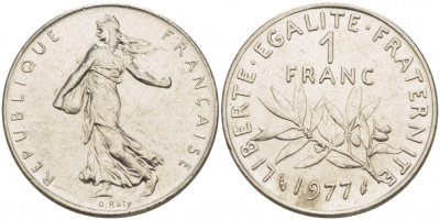 ФРАНЦИЯ 1 ФРАНК 1977 СЕЯТЕЛЬ KM 925.1, LE FRANC 226.22 никель 4402-1126