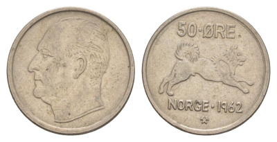 Норвегия 50 эре 1962 Улаф V (1957-1991) KM 408 медно-никель aUNC 4635-427