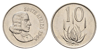 ЮАР 10 центов 1965 Ян ван Рибек (1619-1677), South Africa, легенда на африкаанс, цветок алоэ KM 68.1 никель UNC 4679-149
