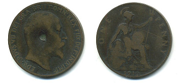 Великобритания 1 пенни 1910 Эдуард VII (1901-1910) KM 794.2, Spink 3990 бронза 4110-113