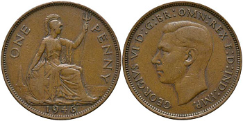 Великобритания 1 пенни 1946 Георг VI (1936-1952) КМ 845, Spink 4114 бронза 115-426