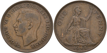 Великобритания 1 пенни 1945 Георг VI (1936-1952) KM 845, Spink 4114 бронза 4144-916
