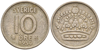 Швеция 10 эре 1954 Густав VI Адольф (1950-1973) KM 823 серебро 4147-912