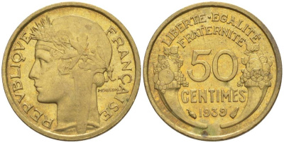 ФРАНЦИЯ 50 САНТИМОВ 1939 ТИП MORLON KM 894.1, LE FRANC 192.15 алюминиевая бронза 44-857
