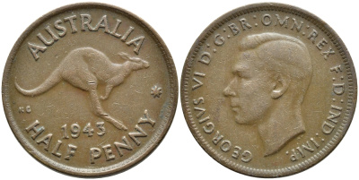 АВСТРАЛИЯ 1/2 ПЕННИ 1943 m, ГЕОРГ VI (1936-1952), КЕНГУРУ KM 41 бронза 4390-613