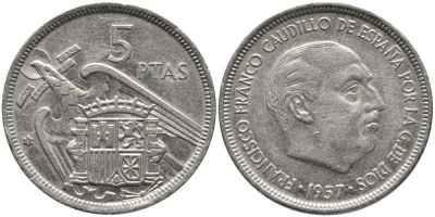 ИСПАНИЯ 5 ПЕСЕТ 1957 (73) ФРАНСИСКО ФРАНКО ДИКТАТОР ИСПАНИИ (1939-1975) KM 786 медно-никель 110-946