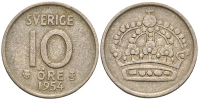 Швеция 10 эре 1954 Густав VI Адольф (1950-1973) KM 823 серебро 4147-912