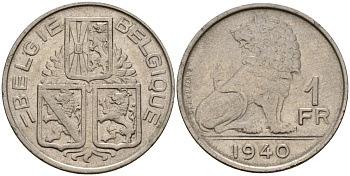 Бельгия 1 франк 1940 Belgie - Belgique KM 120 никель 4187-945