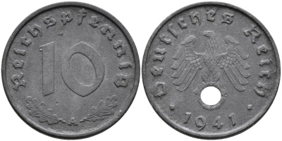 ГЕРМАНИЯ 10 РЕЙХСПФЕННИГОВ 1941 А KM 101, J.371 цинк 95-737