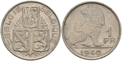 Бельгия 1 франк 1940 Belgie - Belgique KM 120 никель 4187-945