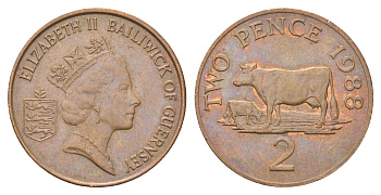 Гернси 2 пенса 1988 Елизавета II (1952-2022), краб KM 41 бронза 4703-1115