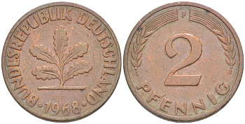 ФРГ 2 ПФЕННИГА 1968 F KM 106а, J. 381а сталь плакированная сталь плакированная медьюю 4181-753