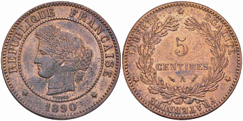 ФРАНЦИЯ 5 САНТИМОВ 1890 А, ТРЕТЬЯ РЕСПУБЛИКА (1871-1940) KM 821.1, LE FRANC 118.33 бронза 108-637